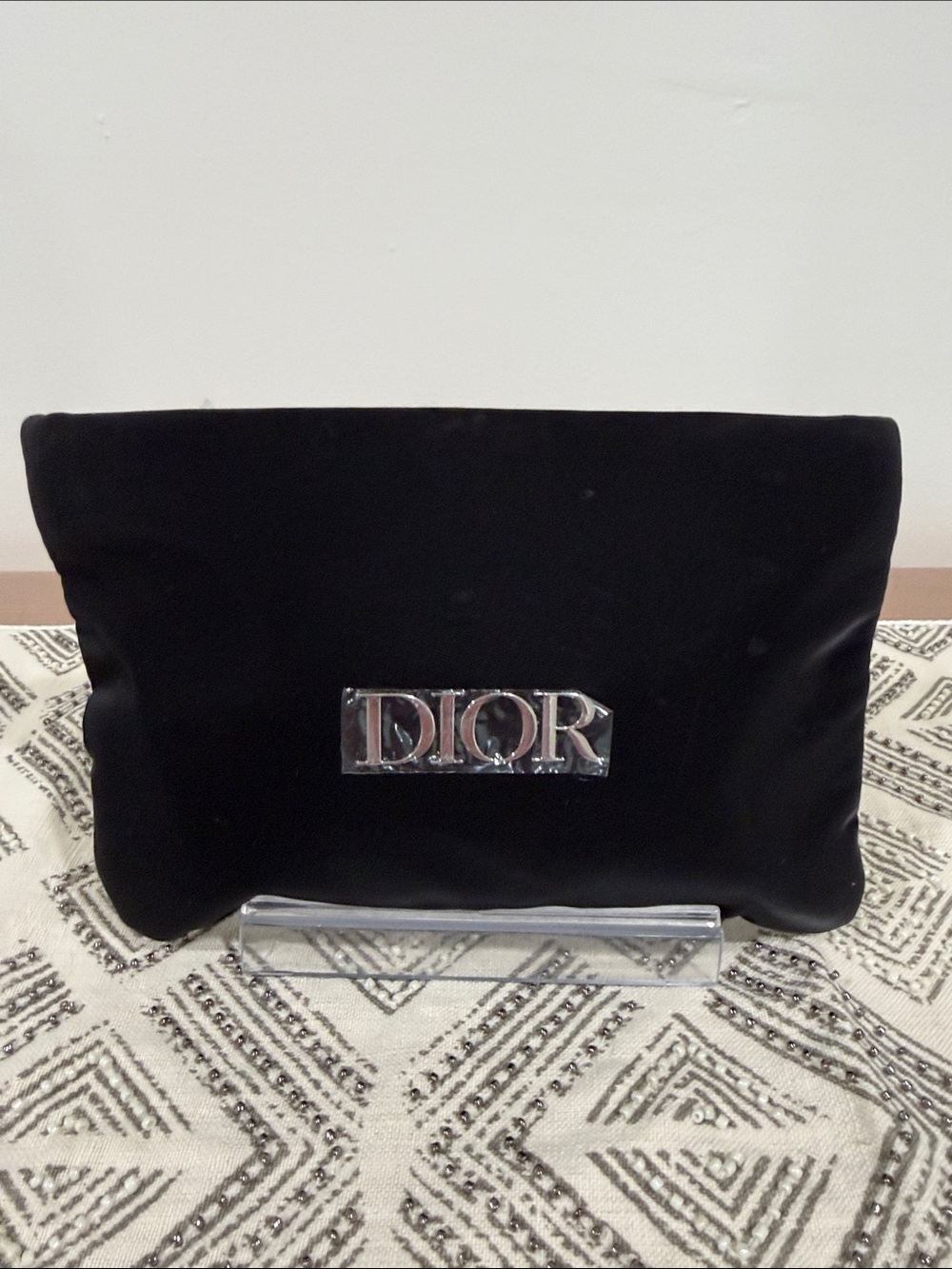 Dior Beauty Chocolate Brown Cosmetic Pouch with Silver DIOR Logo Plaque